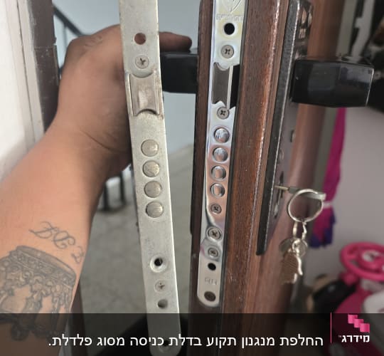 מנעול דלת עם מפתח וידית, יד מחזיקה חלק מהמנעול